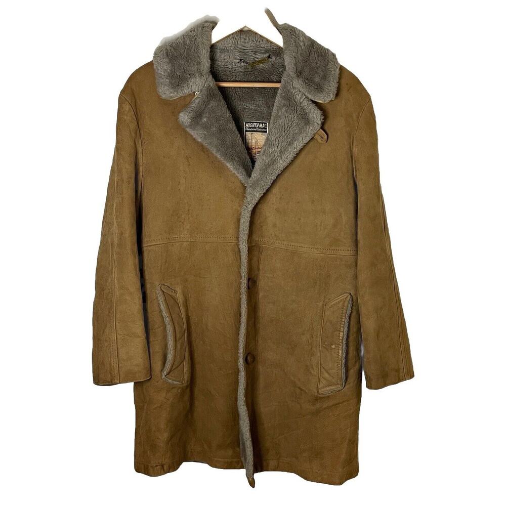 VTG 70s Mighty Mac Gloucester Tan Suede & Fur Shearling Fur Overcoat Mens Sz 40
